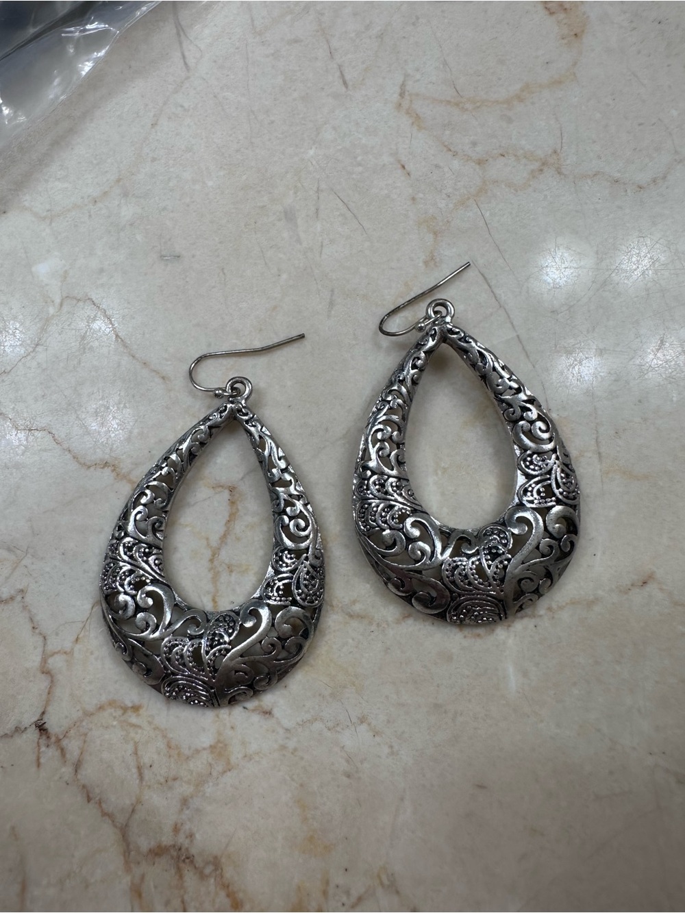Silver Filigree Teardrop Hook Earrings